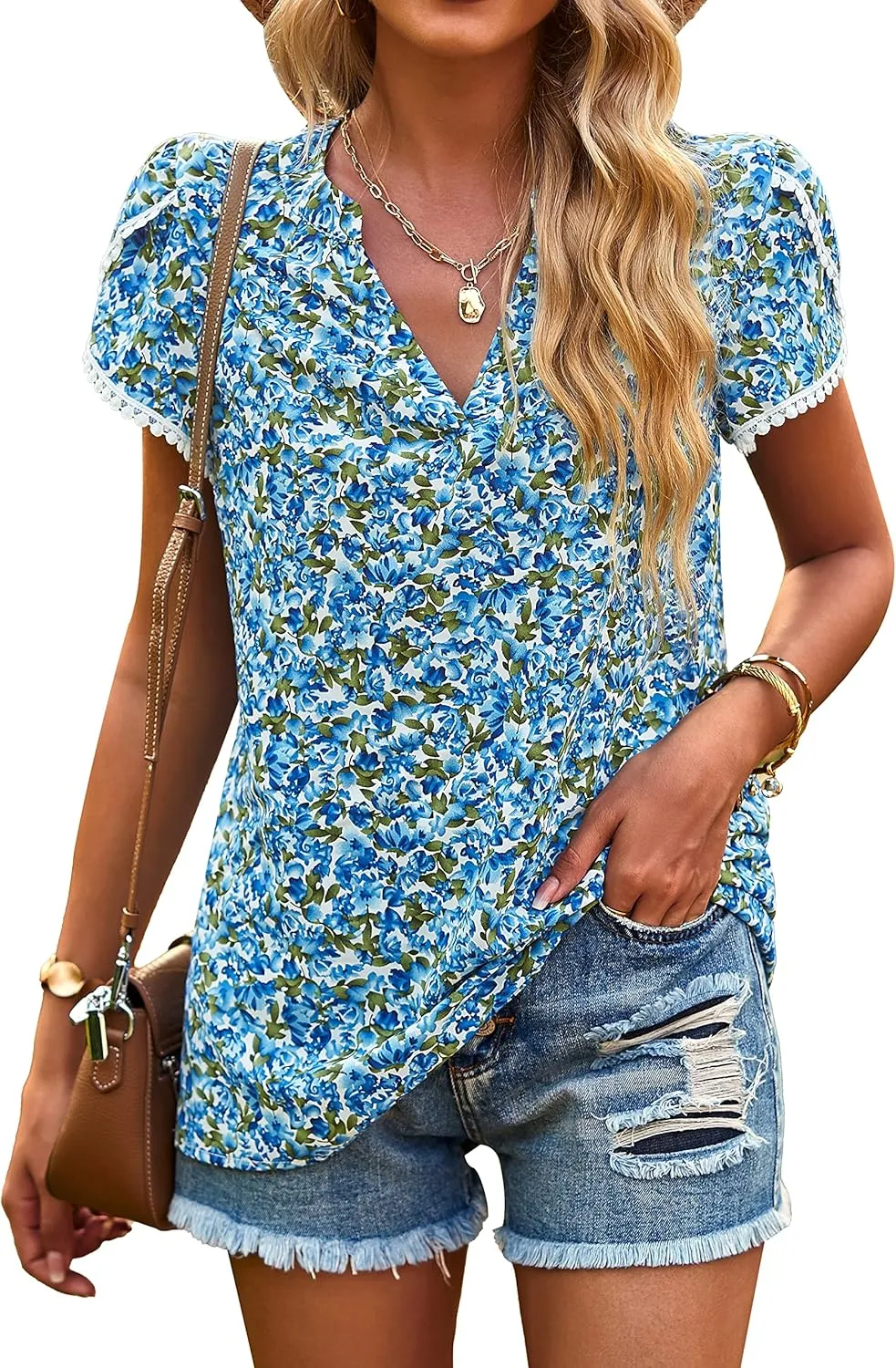 PRETTYGARDEN Women's Shirts Summer Casual Crewneck Lace Crochet Short Sleeve Blouses Cute Floral Print Loose Tunic Tops