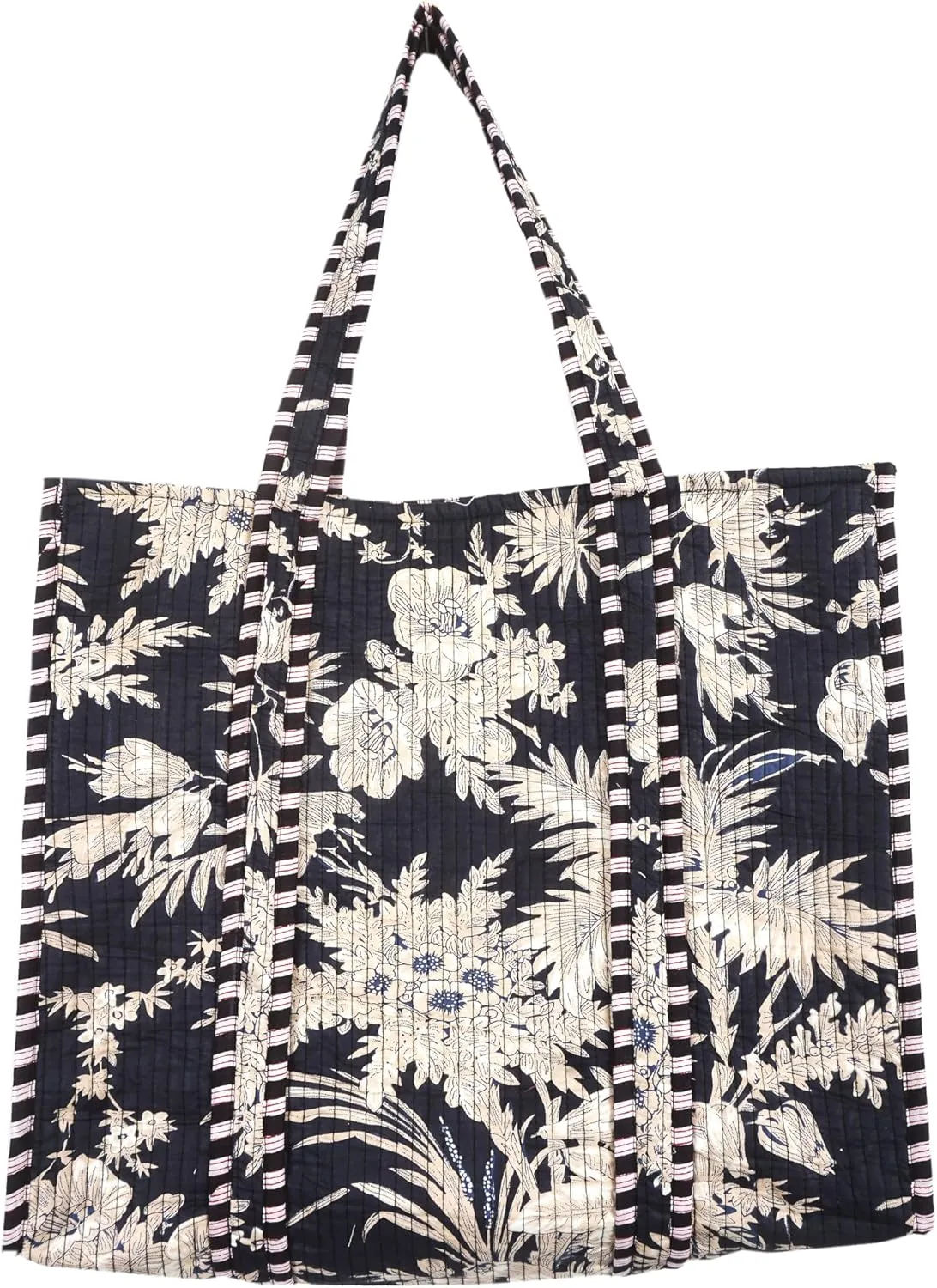 Quilted Cotton Handprinted Reversible Large multicolor Floral Tote Bag,Purse Cotton Shoulder Tote Bag For Grocery Bag (Black&Creem)