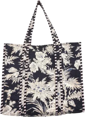 Quilted Cotton Handprinted Reversible Large multicolor Floral Tote Bag,Purse Cotton Shoulder Tote Bag For Grocery Bag (Black&Creem)