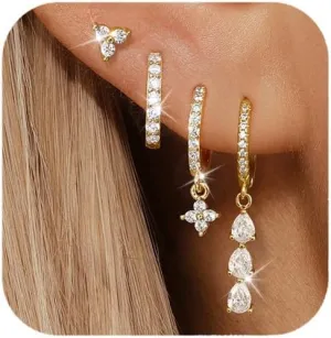 QUINBY Dangle Hoop Earrings Set for Women - Hypoallergenic CZ Drop Earrings - Dangling Stack Hoops