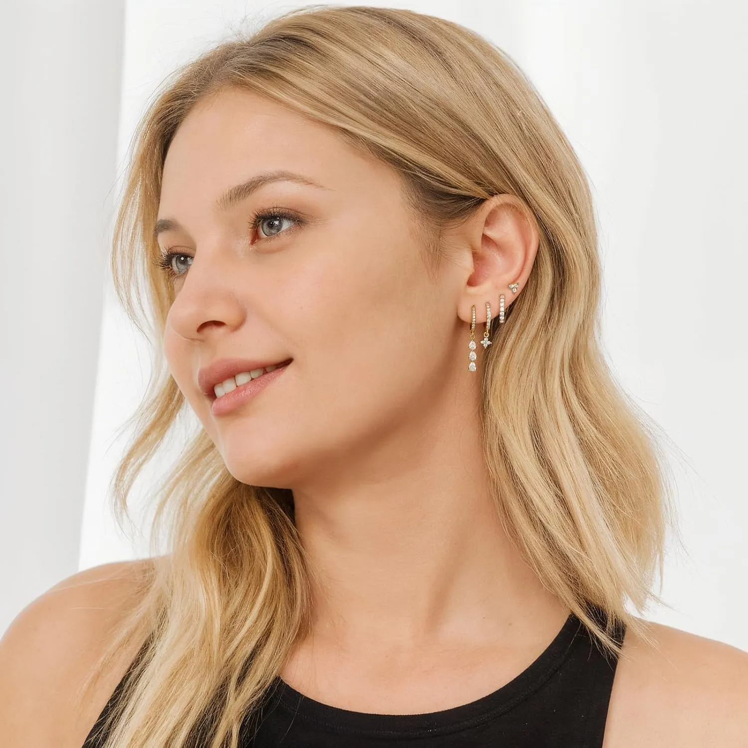 QUINBY Dangle Hoop Earrings Set for Women - Hypoallergenic CZ Drop Earrings - Dangling Stack Hoops