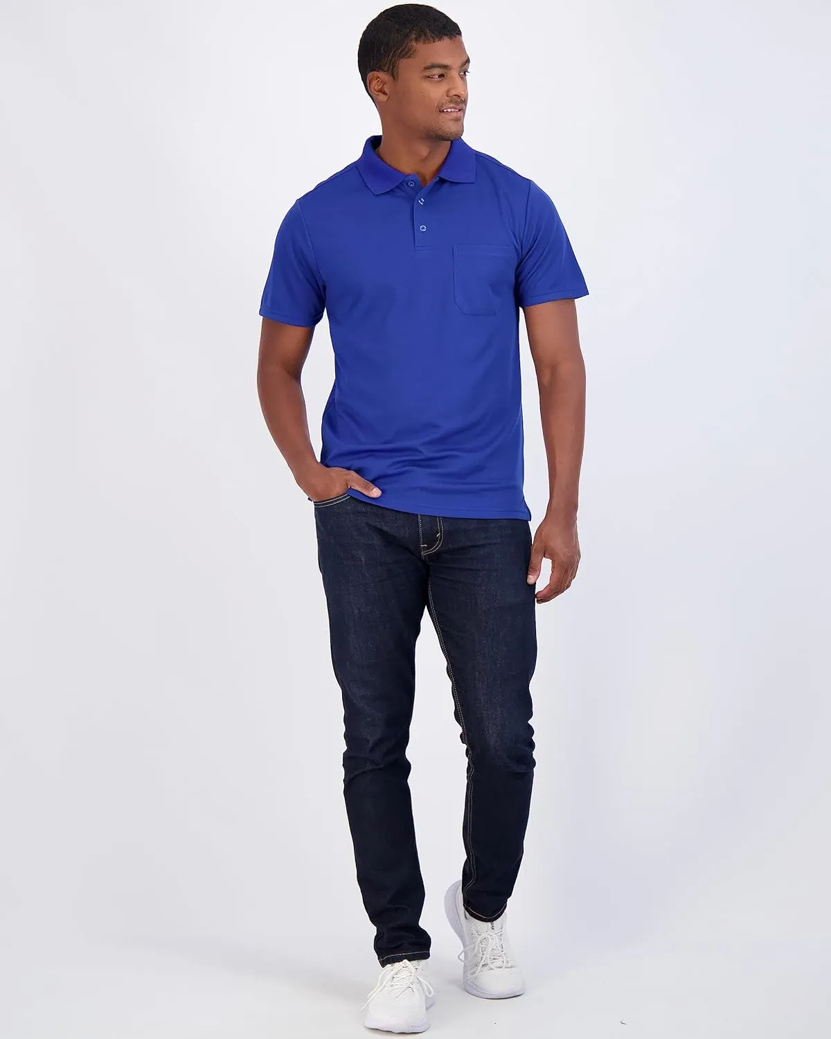 Real Essentials 3 Pack: Mens Short Sleeve Dry-Fit Collared Polo Shirt with Pocket - Active Casual (Available Big & Tall)