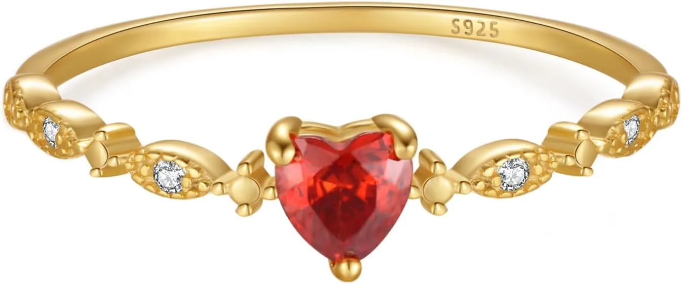 Red Heart Birthstone Rings for Women, 925 Sterling Silver Ruby CZ January Birthstone Rings for Her Engagement Promise Rings for Her Eternity Wedding Band Jewelry Birthday Graduation Gifts