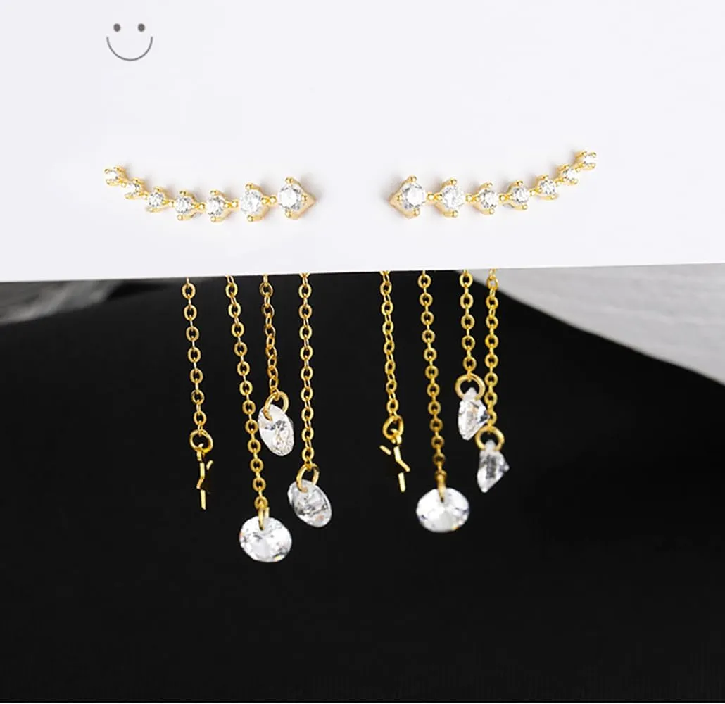 Reffeer Solid 925 Sterling Silver Crawler Earrings Tassel Chain Dangle for Women Teens 7 Crystal Cuff Earrings Climber