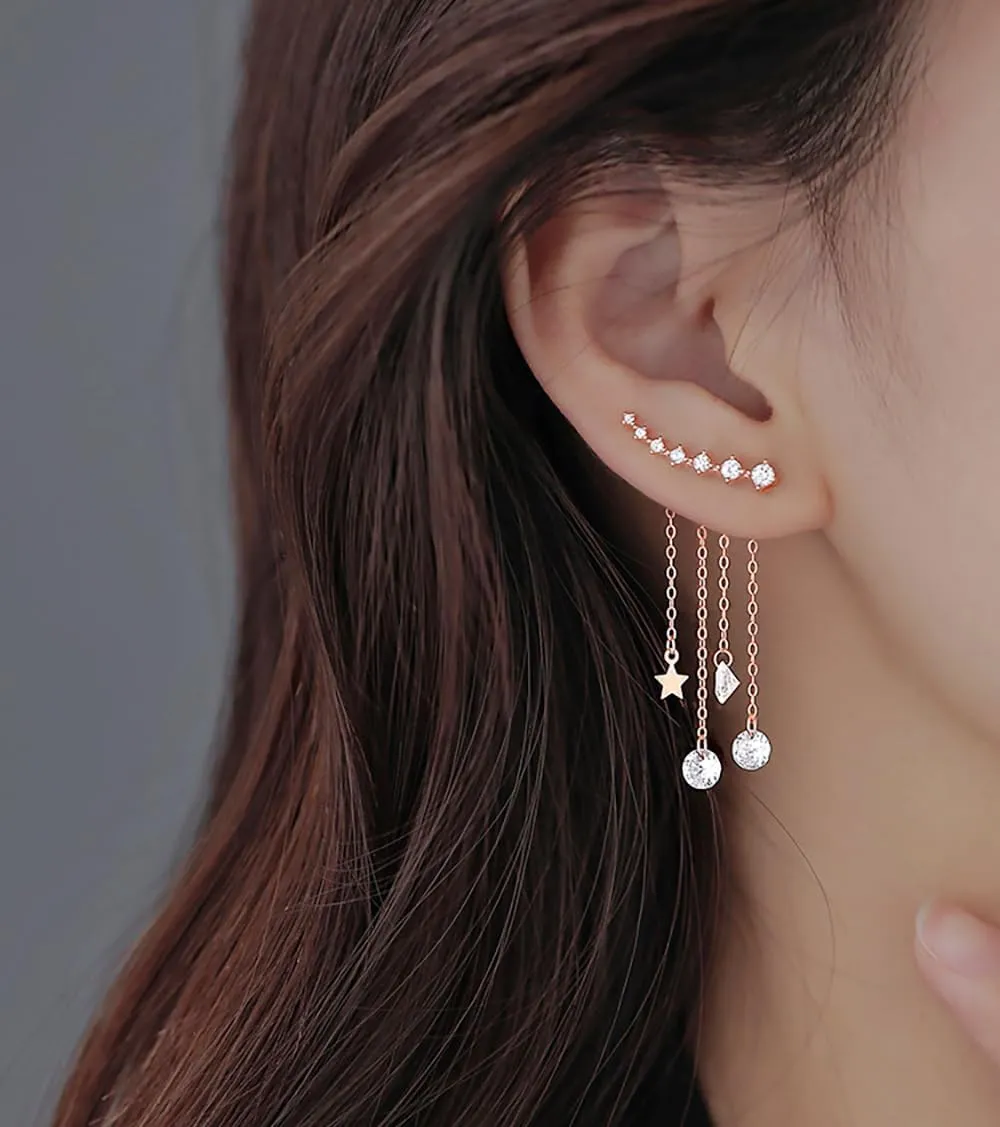 Reffeer Solid 925 Sterling Silver Crawler Earrings Tassel Chain Dangle for Women Teens 7 Crystal Cuff Earrings Climber