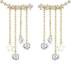 Reffeer Solid 925 Sterling Silver Crawler Earrings Tassel Chain Dangle for Women Teens 7 Crystal Cuff Earrings Climber