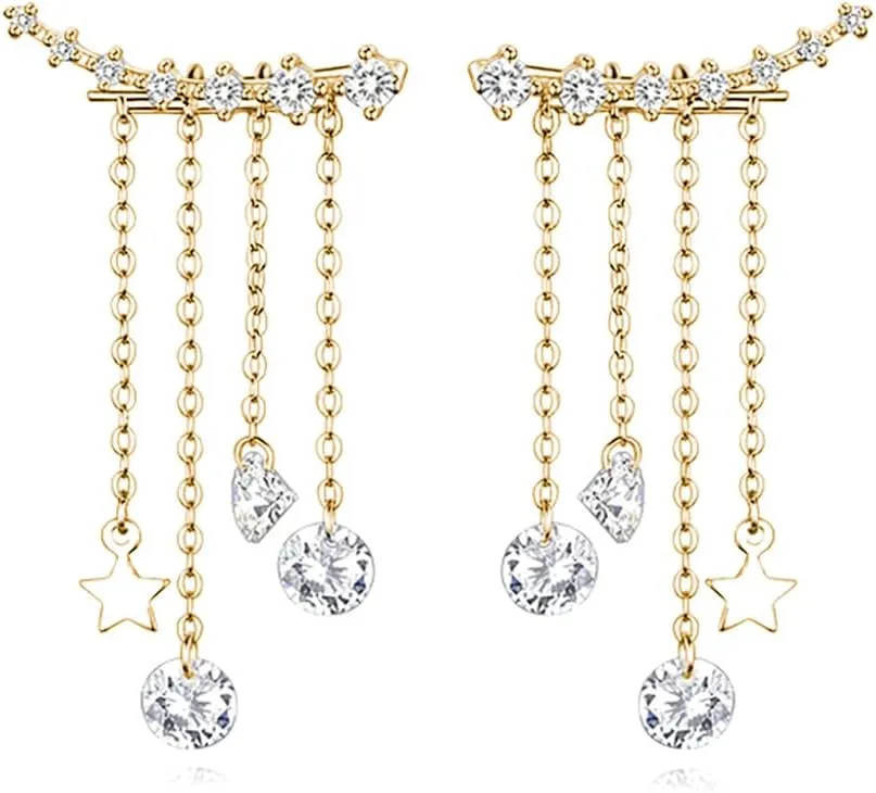 Reffeer Solid 925 Sterling Silver Crawler Earrings Tassel Chain Dangle for Women Teens 7 Crystal Cuff Earrings Climber