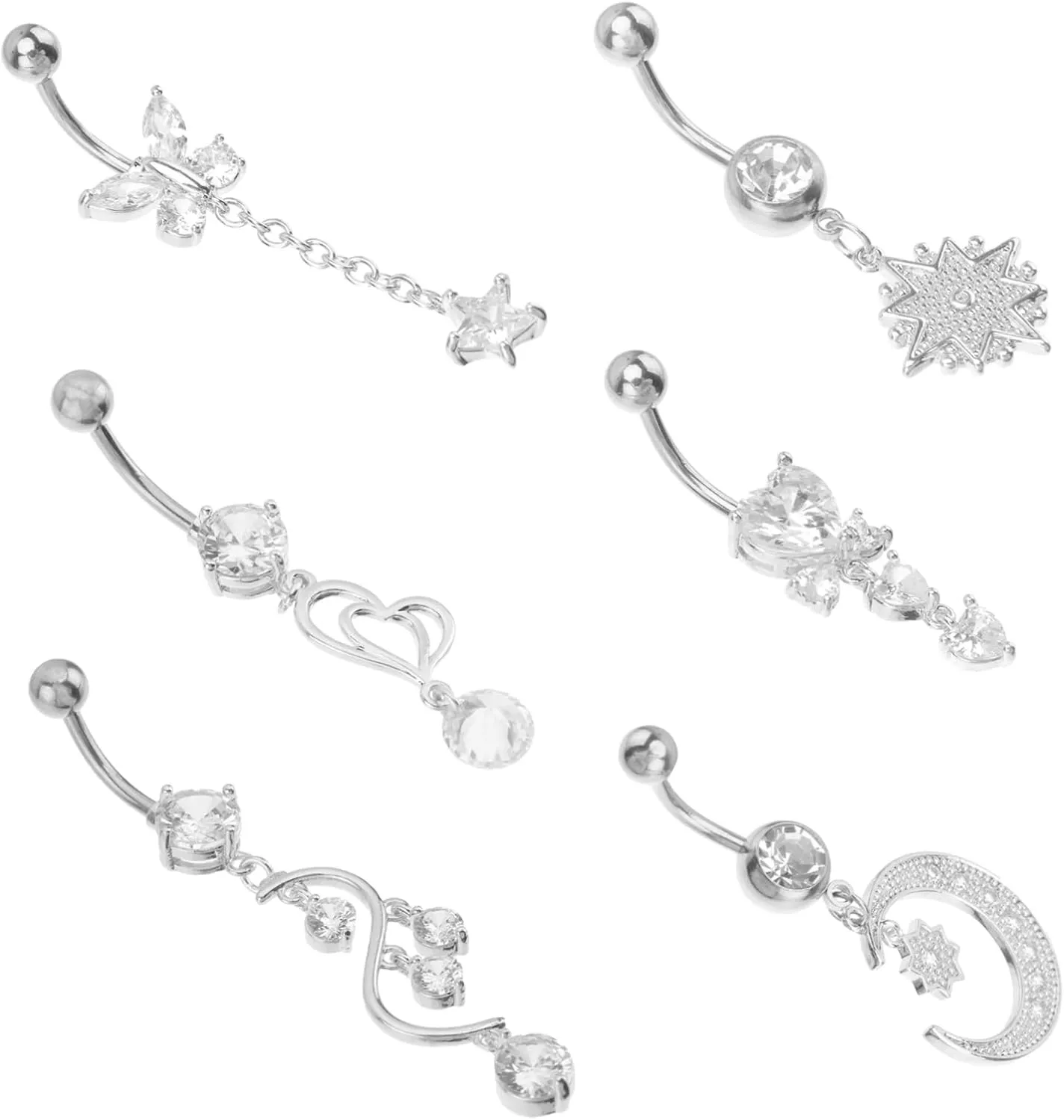 Ring 6pcs Navel Piercing Jewelry Rhinestone Navel Ring Stylish Jewelry for Women Stainless Steel