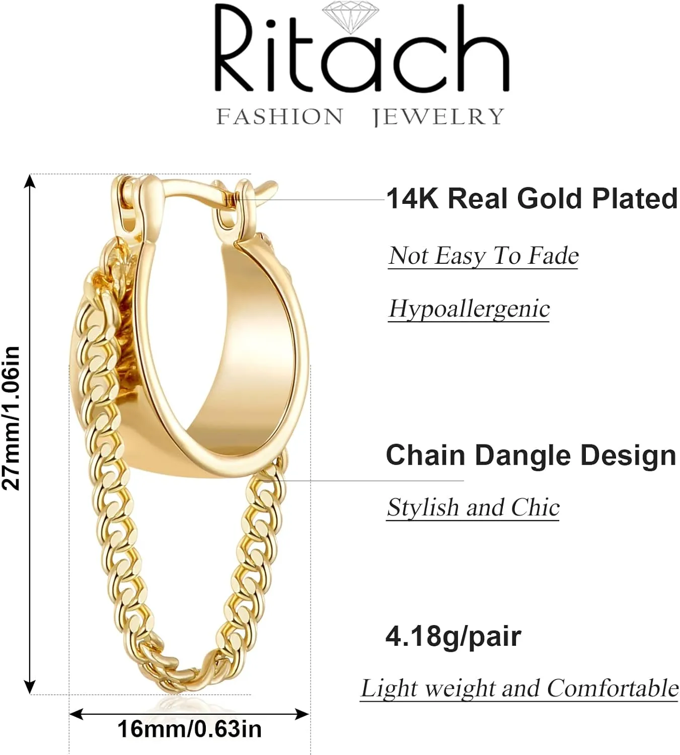 Ritach Gold Chain Earrings for Women Trendy Dainty 925 Sterling Silver Post 14k Gold Plated Chain Tassel Dangle Hoop Earrings for Gifts