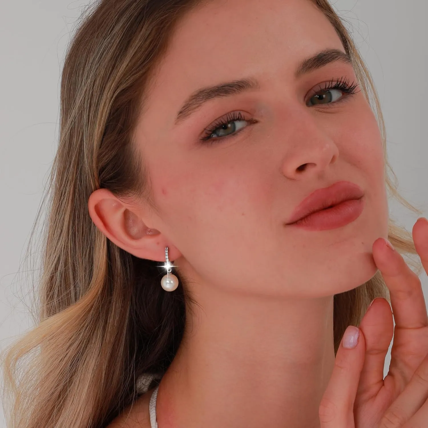 RITACH Small Pearl Earrings for Women 925 Sterling Silver Plated White Gold Dangle Drop Earrings Cubic Zirconia Pearl Drop Earrings