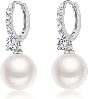 RITACH Small Pearl Earrings for Women 925 Sterling Silver Plated White Gold Dangle Drop Earrings Cubic Zirconia Pearl Drop Earrings