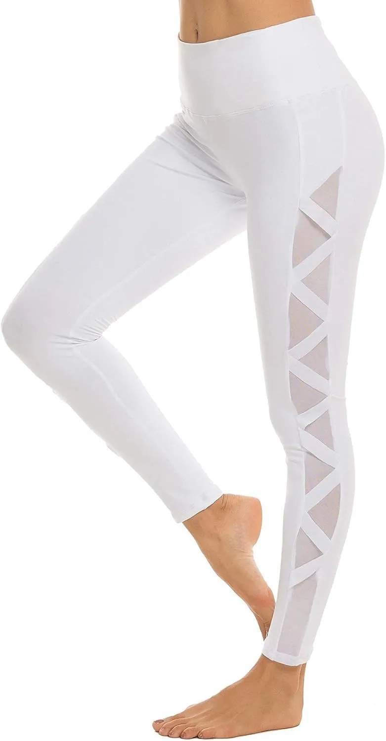 romansong Women's Mesh Leggings Yoga Pants with Pocket, Non See-Through Capri High Waisted Tummy Control 4 Way Stretch