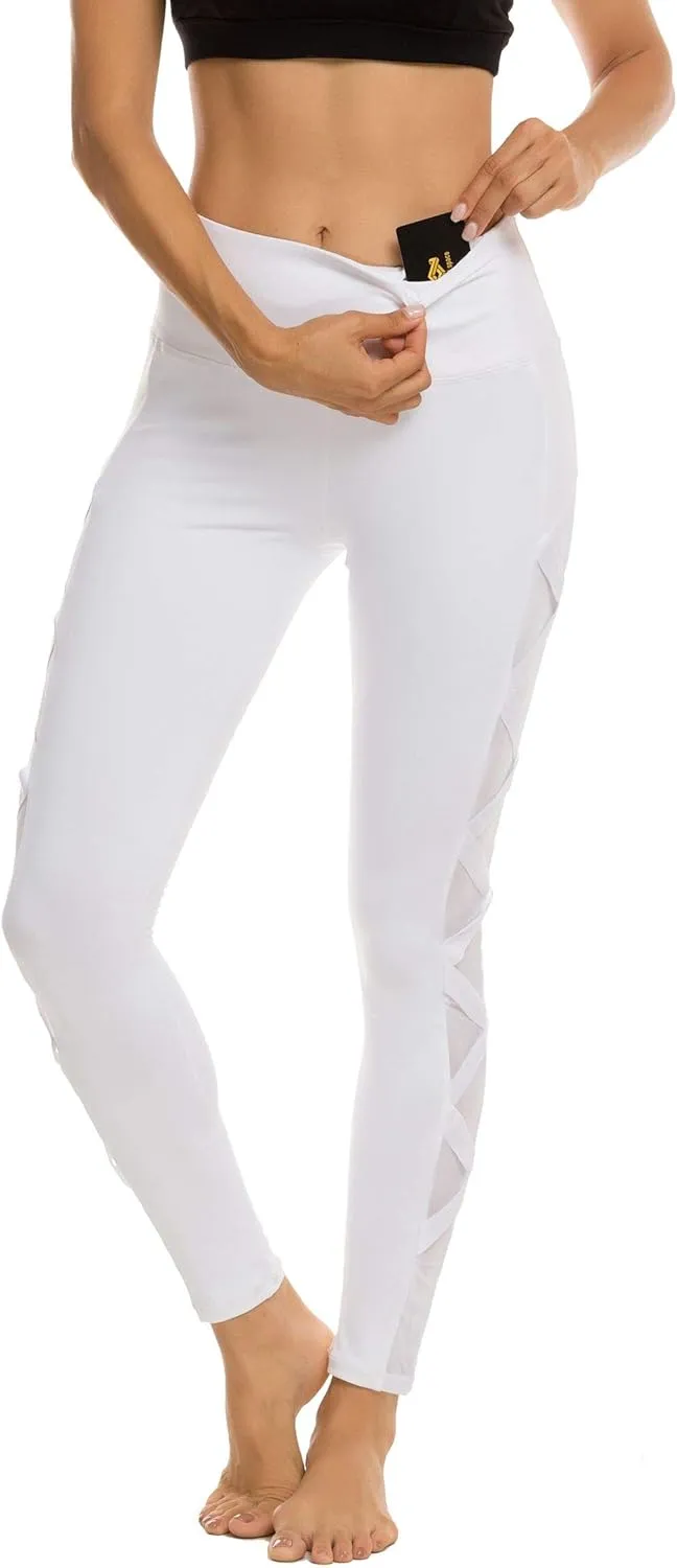 romansong Women's Mesh Leggings Yoga Pants with Pocket, Non See-Through Capri High Waisted Tummy Control 4 Way Stretch