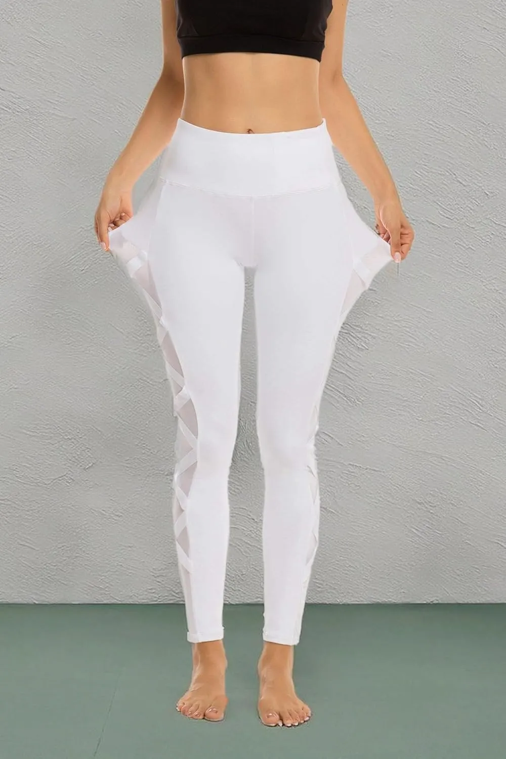 romansong Women's Mesh Leggings Yoga Pants with Pocket, Non See-Through Capri High Waisted Tummy Control 4 Way Stretch