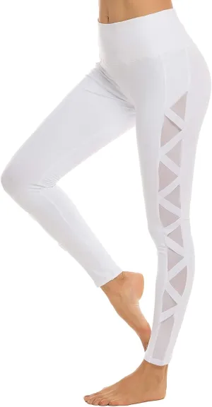 romansong Women's Mesh Leggings Yoga Pants with Pocket, Non See-Through Capri High Waisted Tummy Control 4 Way Stretch