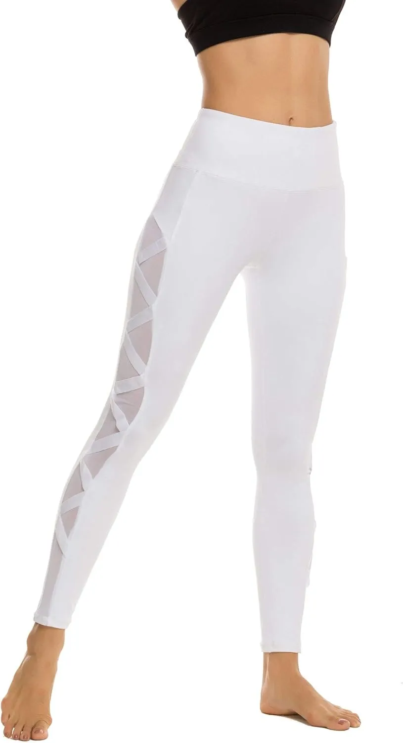 romansong Women's Mesh Leggings Yoga Pants with Pocket, Non See-Through Capri High Waisted Tummy Control 4 Way Stretch