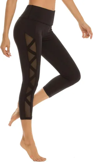 romansong Women's Mesh Leggings Yoga Pants with Pocket, Non See-Through Capri High Waisted Tummy Control 4 Way Stretch