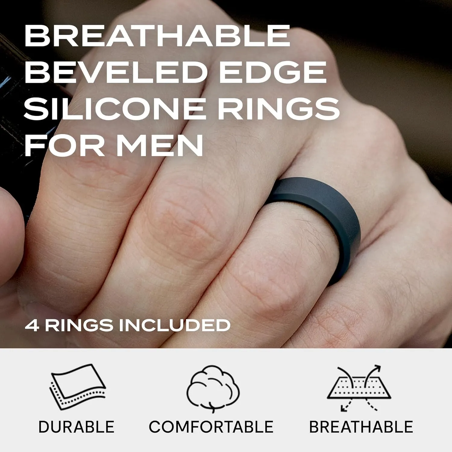 ROQ Men's Silicone Rings, Single Beveled Edge - Mens Silicone Wedding Band & Rubber Engagement Ring for Men - Breathable Comfort Fit Silicone Rings for Him