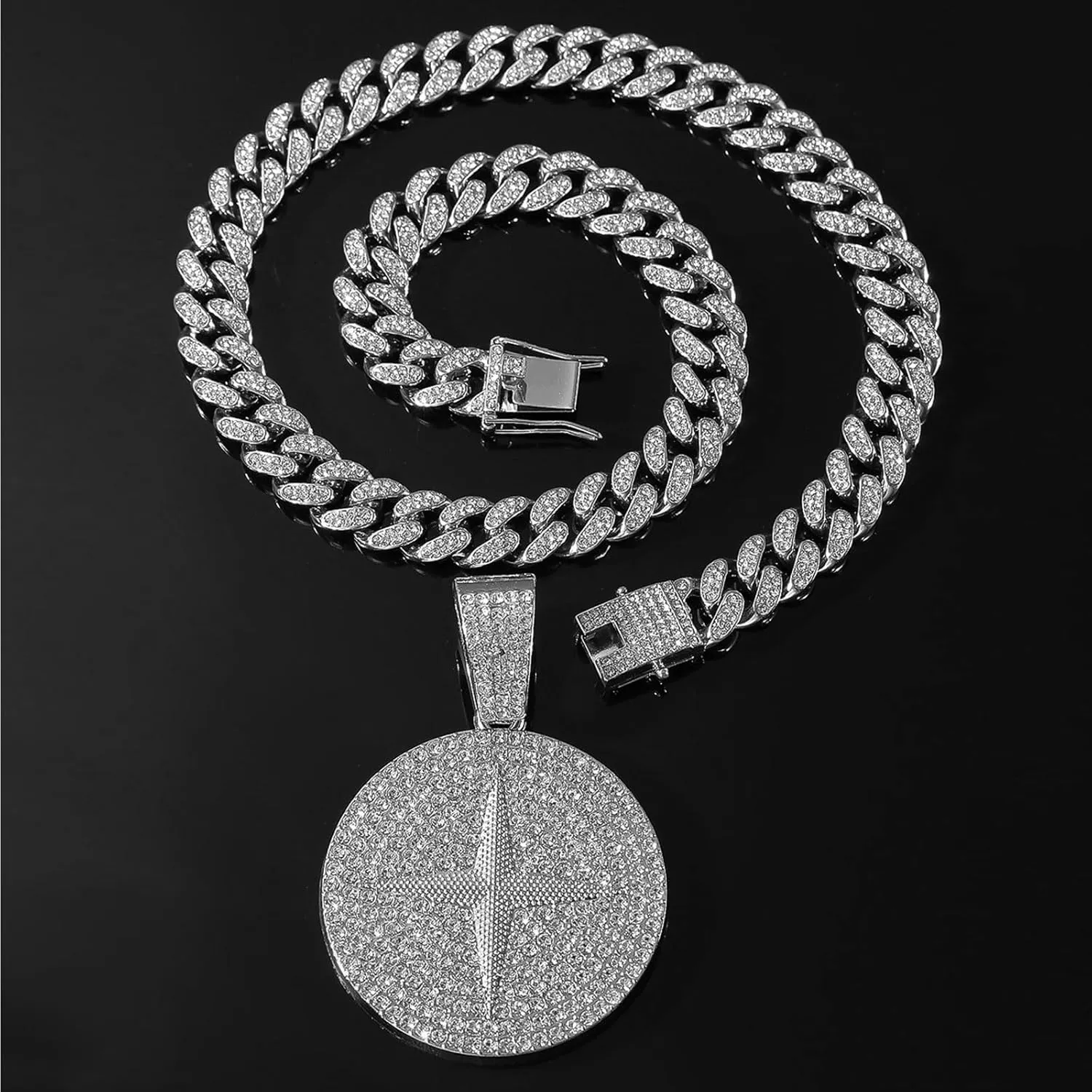 Round star Hip-hop Cuban Chain, Rhinestone Pendant Necklace Jewelry For MenMen's Fashion Jewelry