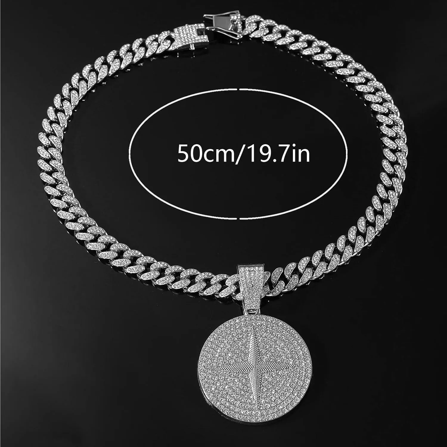 Round star Hip-hop Cuban Chain, Rhinestone Pendant Necklace Jewelry For MenMen's Fashion Jewelry