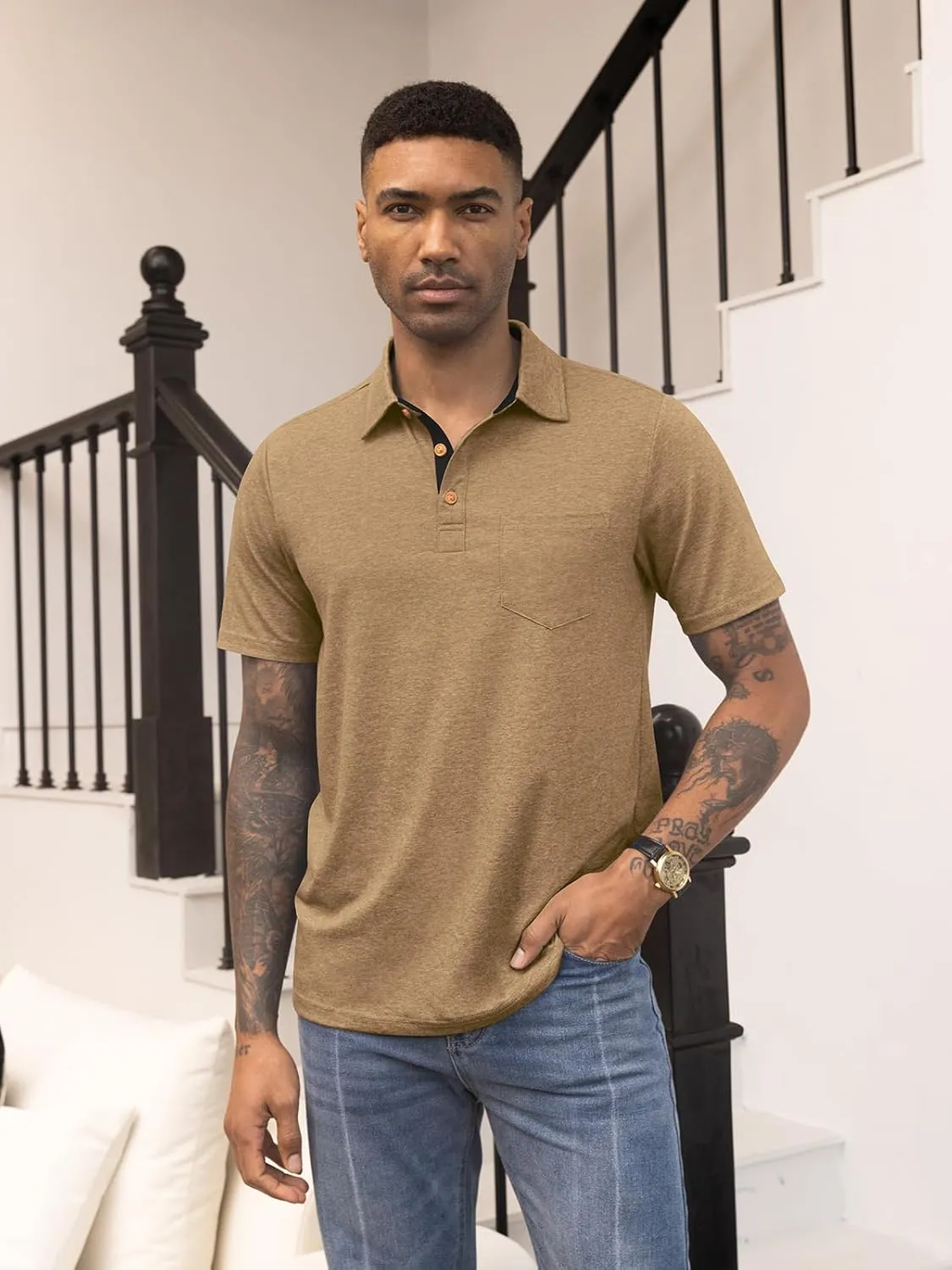 RQP Casual Polo Shirts for Men Short Sleeve Quick Dry Polo Shirts Collared T-Shirt