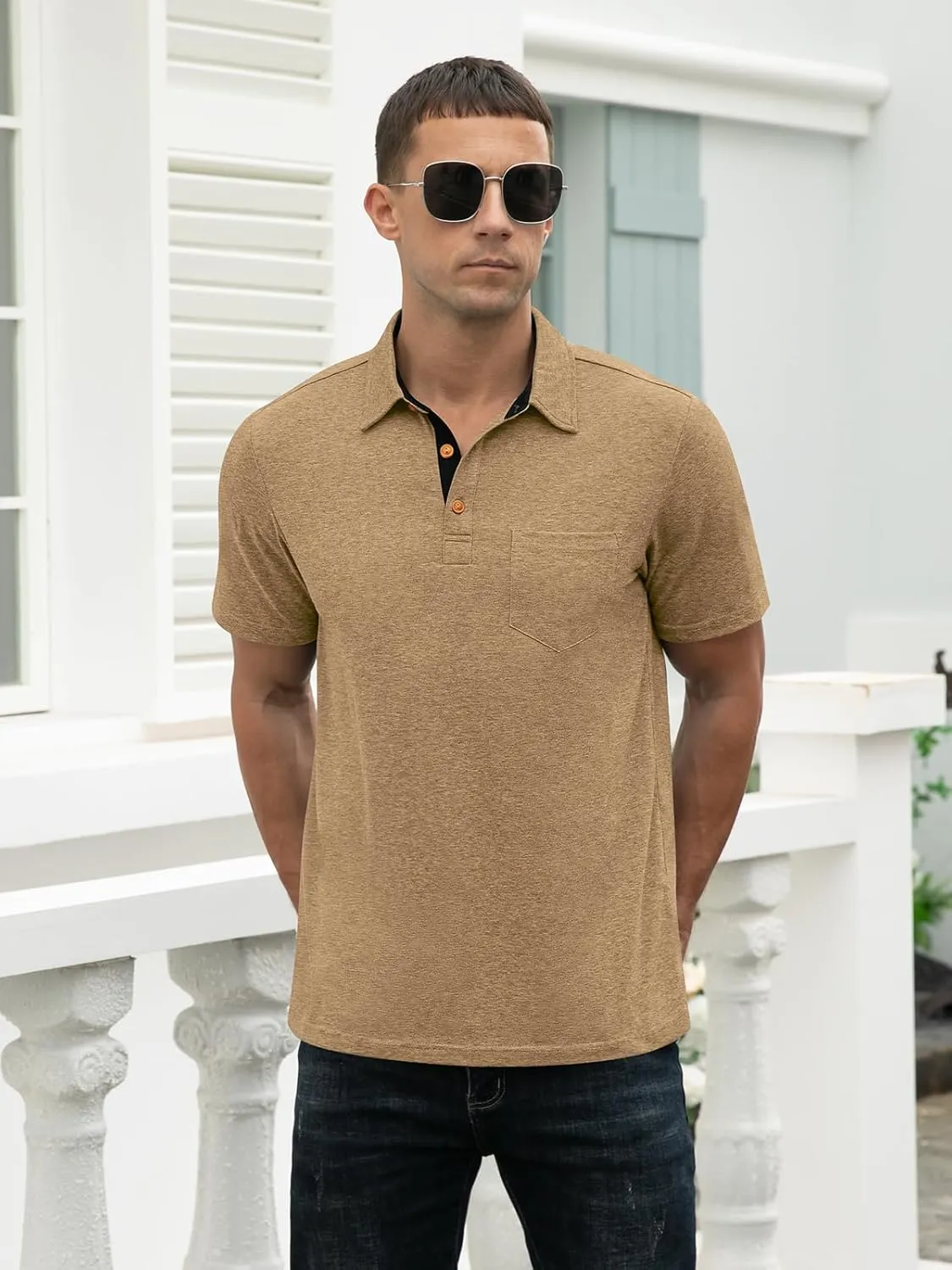 RQP Casual Polo Shirts for Men Short Sleeve Quick Dry Polo Shirts Collared T-Shirt