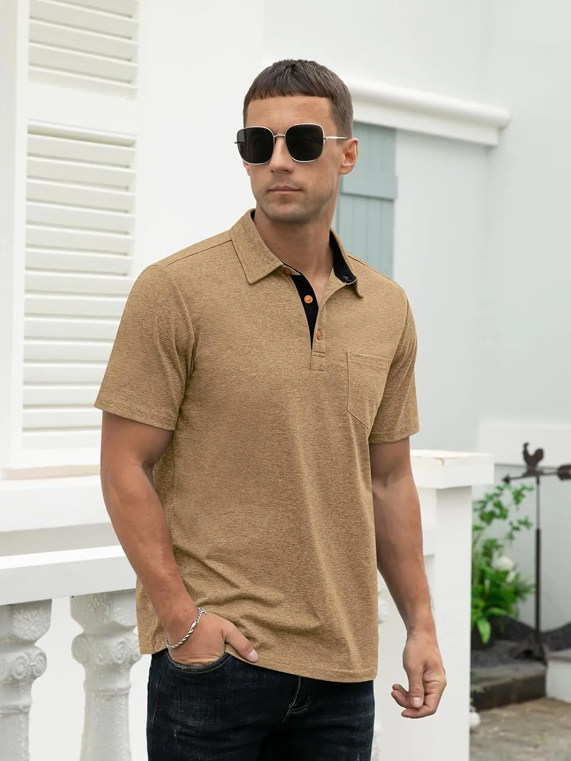 RQP Casual Polo Shirts for Men Short Sleeve Quick Dry Polo Shirts Collared T-Shirt
