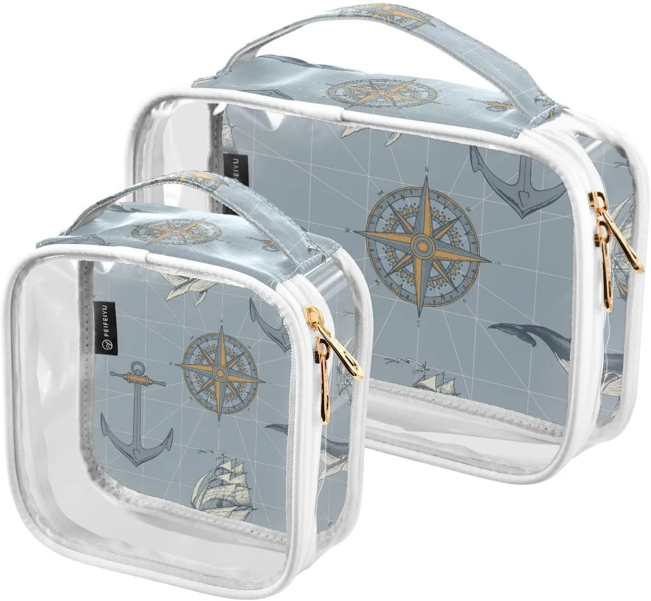 Sailboat Anchors Whale 2 Pieces Clear Makeup Cosmetic Bags for Traveling Vacation Organizing, Toiletry Bags for Women Men, PVC Waterproof Travel Organizer