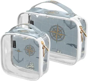 Sailboat Anchors Whale 2 Pieces Clear Makeup Cosmetic Bags for Traveling Vacation Organizing, Toiletry Bags for Women Men, PVC Waterproof Travel Organizer