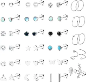 SAILIMUE 23Pairs Surgical Steel Flat Back Stud Earrings For Women Men Hypoallergenic 20G Tiny Cartilage Earrings Stud Hoops Small CZ Star Moon Heart Opal Helix Tragus Daith Earrings Piercing Jewelry
