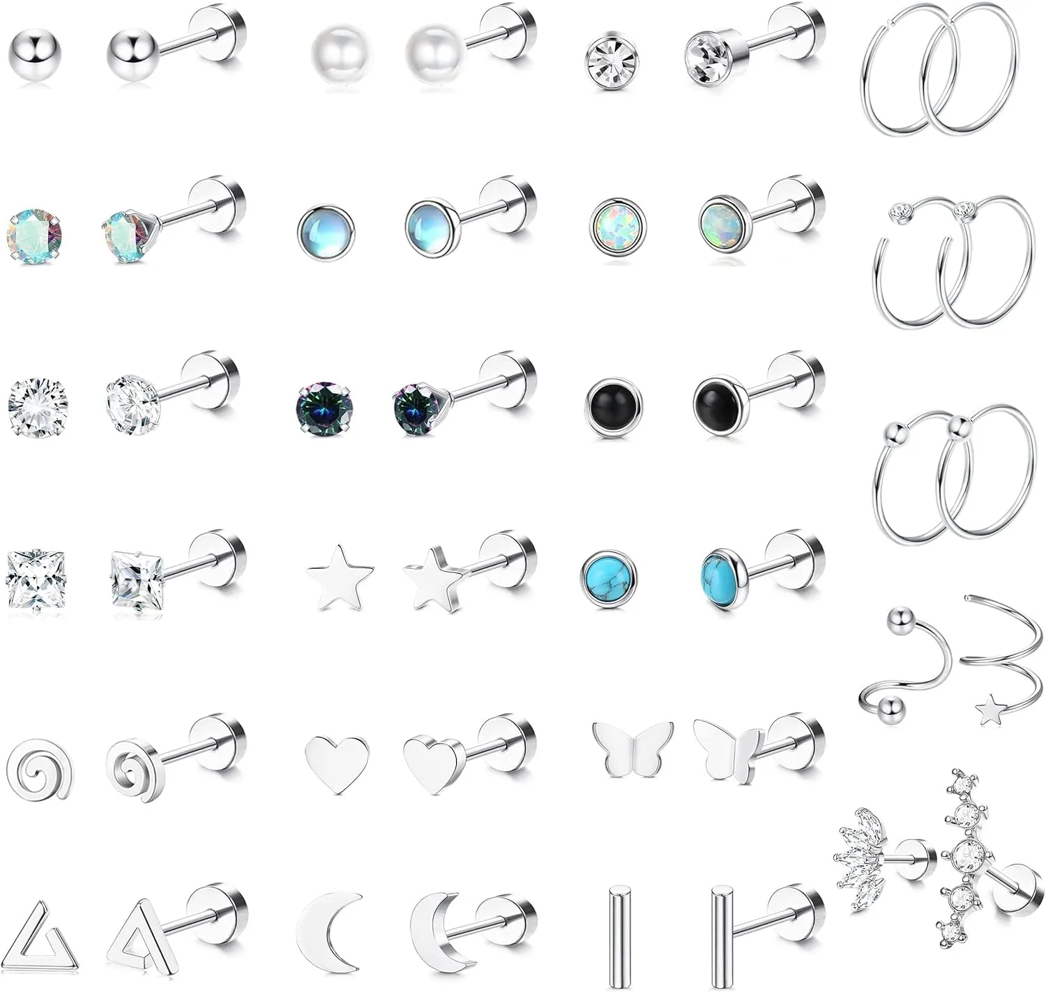 SAILIMUE 23Pairs Surgical Steel Flat Back Stud Earrings For Women Men Hypoallergenic 20G Tiny Cartilage Earrings Stud Hoops Small CZ Star Moon Heart Opal Helix Tragus Daith Earrings Piercing Jewelry