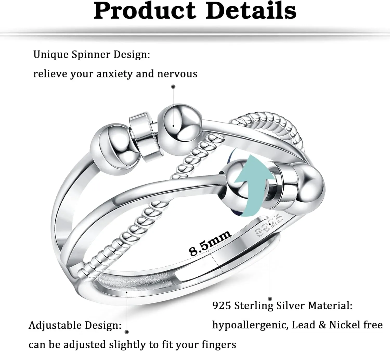 SAILIMUE 925 Sterling Silver Anxiety Ring For Women Men Fidget Rings For Anxiety Spinning Bead Adjustable Stacking Spinner Band Ring