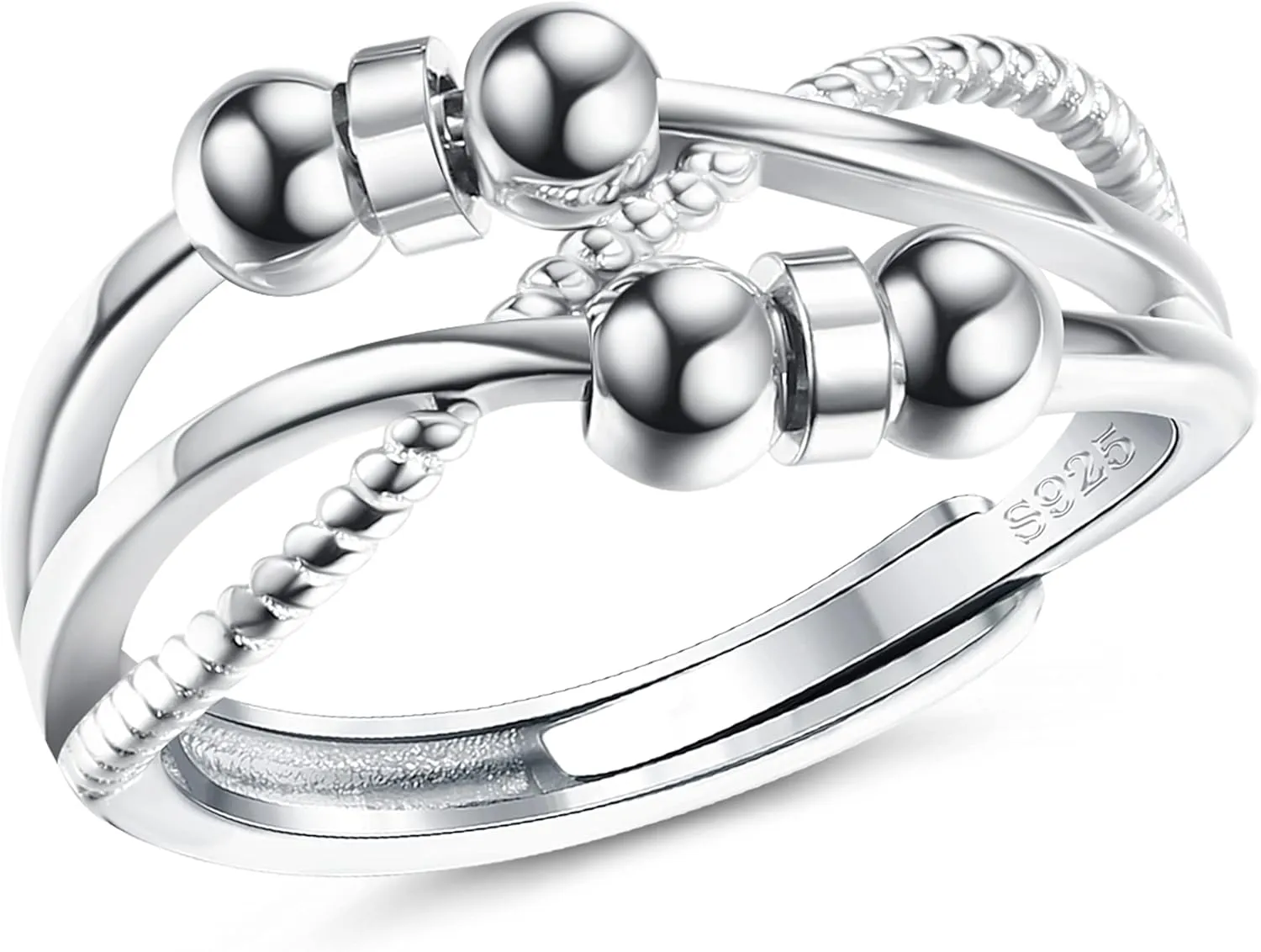 SAILIMUE 925 Sterling Silver Anxiety Ring For Women Men Fidget Rings For Anxiety Spinning Bead Adjustable Stacking Spinner Band Ring