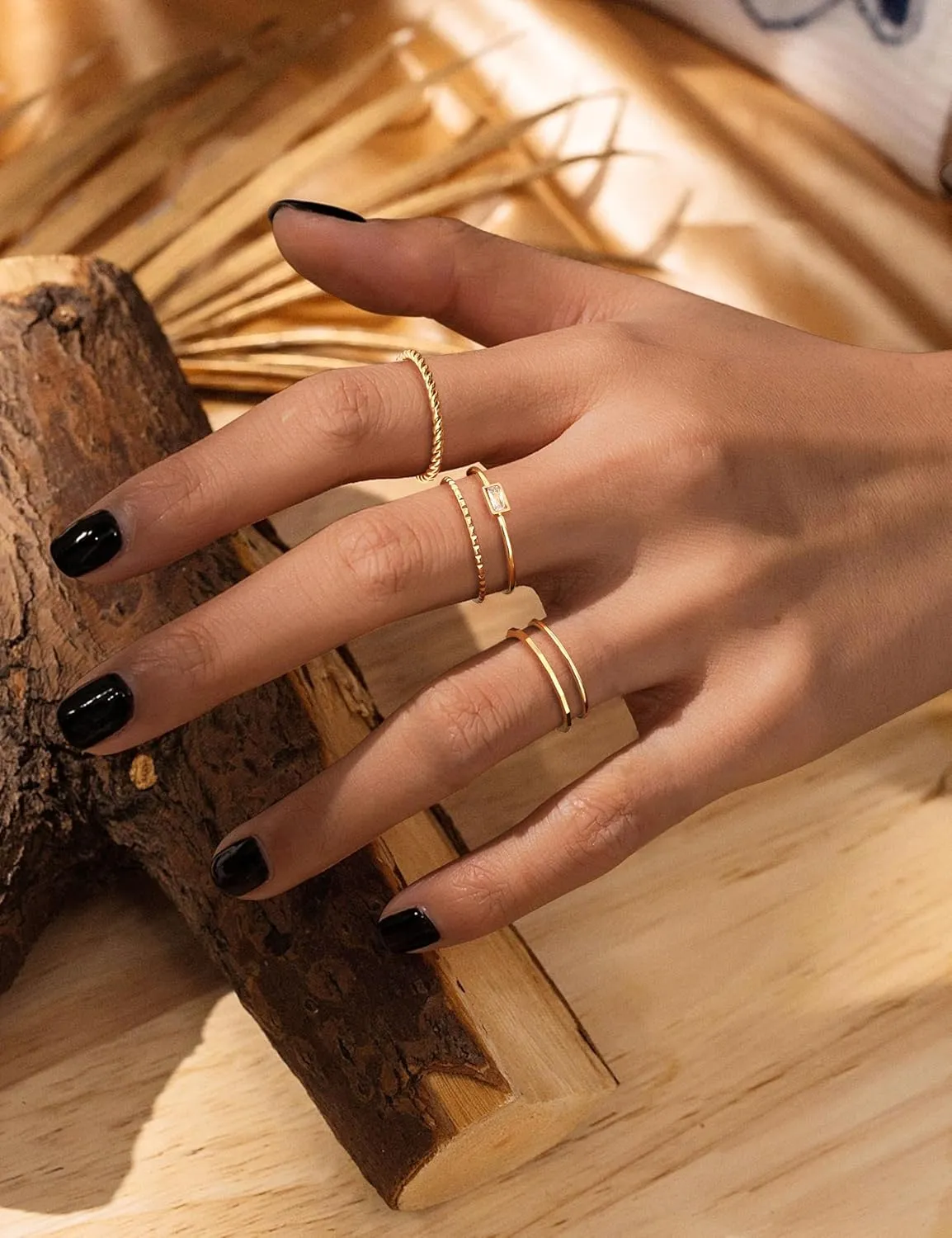 sailimue Gold Stackable Rings for Women Non Tarnish - 14K Gold Plated Waterproof Thin Band Ring Set - 1mm Minimalist Stainless Steel Silver Stacking Dainty Trendy Statement Thumb Rings Size 5-11