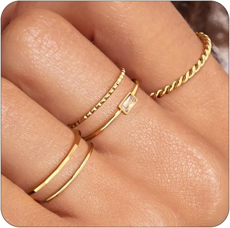 sailimue Gold Stackable Rings for Women Non Tarnish - 14K Gold Plated Waterproof Thin Band Ring Set - 1mm Minimalist Stainless Steel Silver Stacking Dainty Trendy Statement Thumb Rings Size 5-11