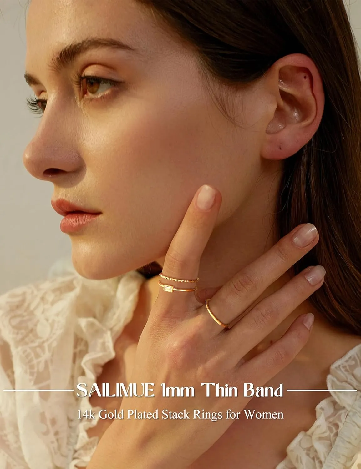 sailimue Gold Stackable Rings for Women Non Tarnish - 14K Gold Plated Waterproof Thin Band Ring Set - 1mm Minimalist Stainless Steel Silver Stacking Dainty Trendy Statement Thumb Rings Size 5-11