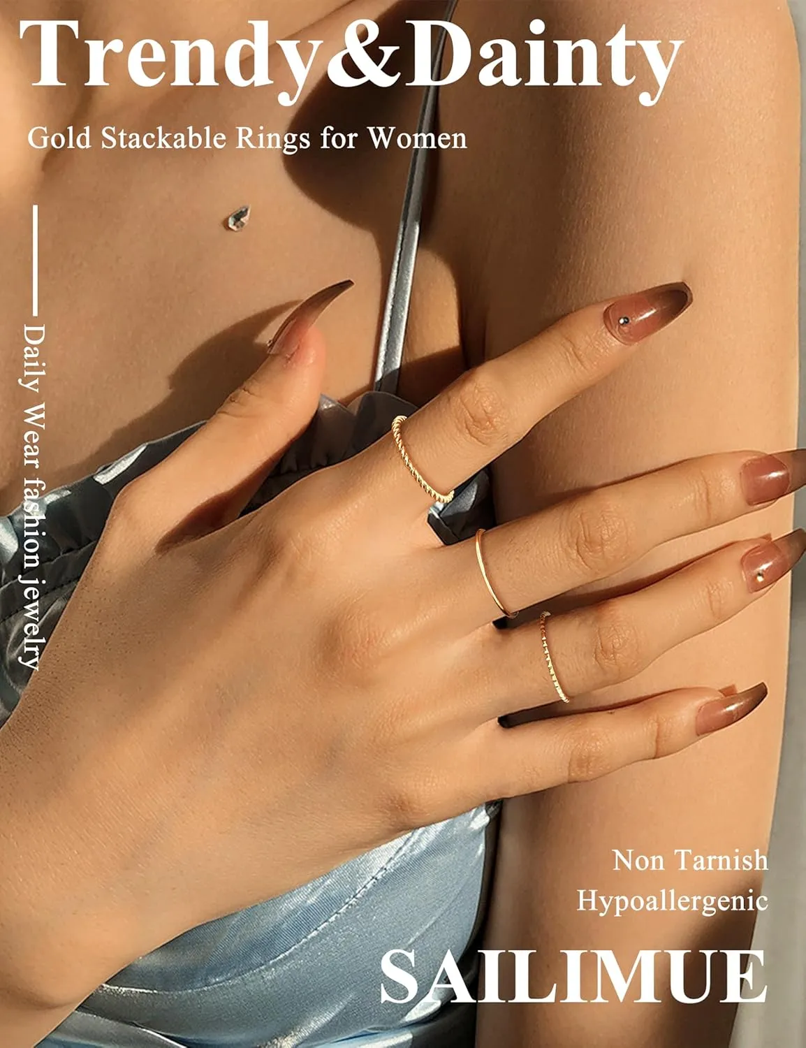 sailimue Gold Stackable Rings for Women Non Tarnish - 14K Gold Plated Waterproof Thin Band Ring Set - 1mm Minimalist Stainless Steel Silver Stacking Dainty Trendy Statement Thumb Rings Size 5-11
