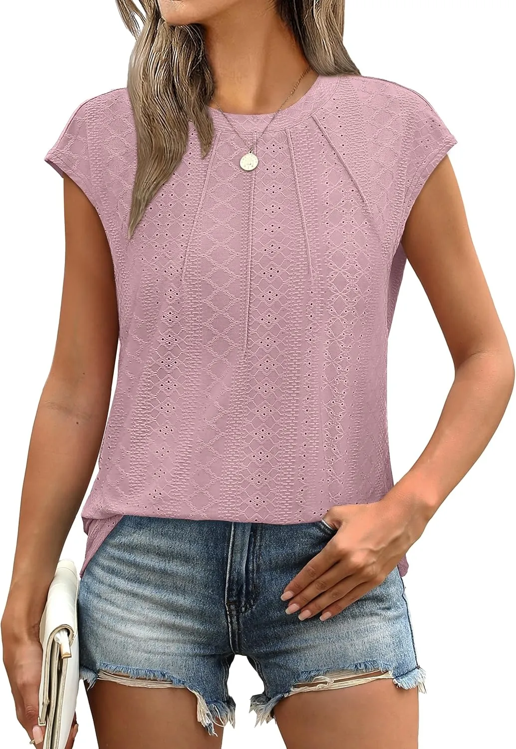 SAMPEEL Womens T Shirts Short Sleeve Pleated Dressy Casual Cap Sleeve Summer Tops Blouses