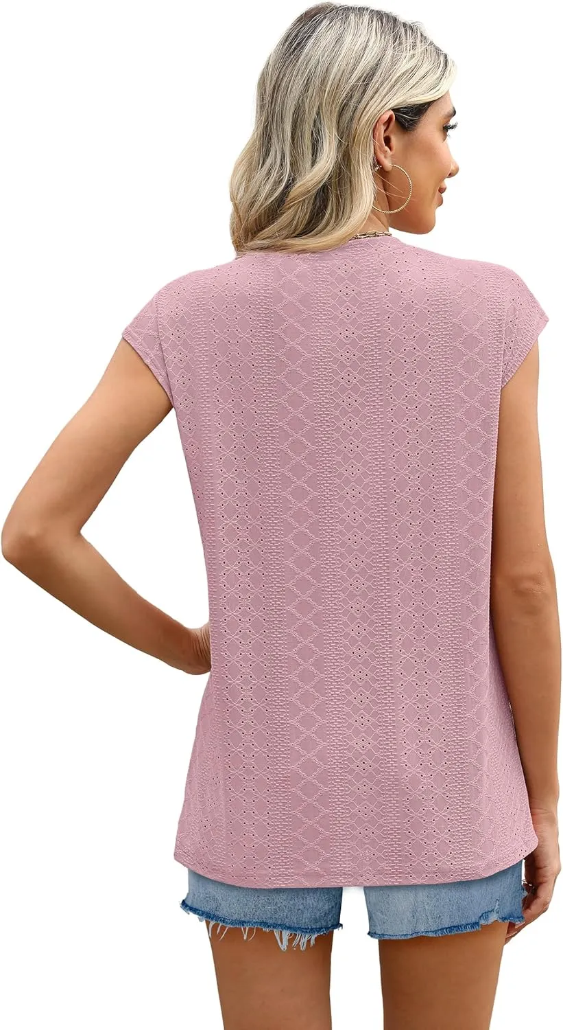 SAMPEEL Womens T Shirts Short Sleeve Pleated Dressy Casual Cap Sleeve Summer Tops Blouses