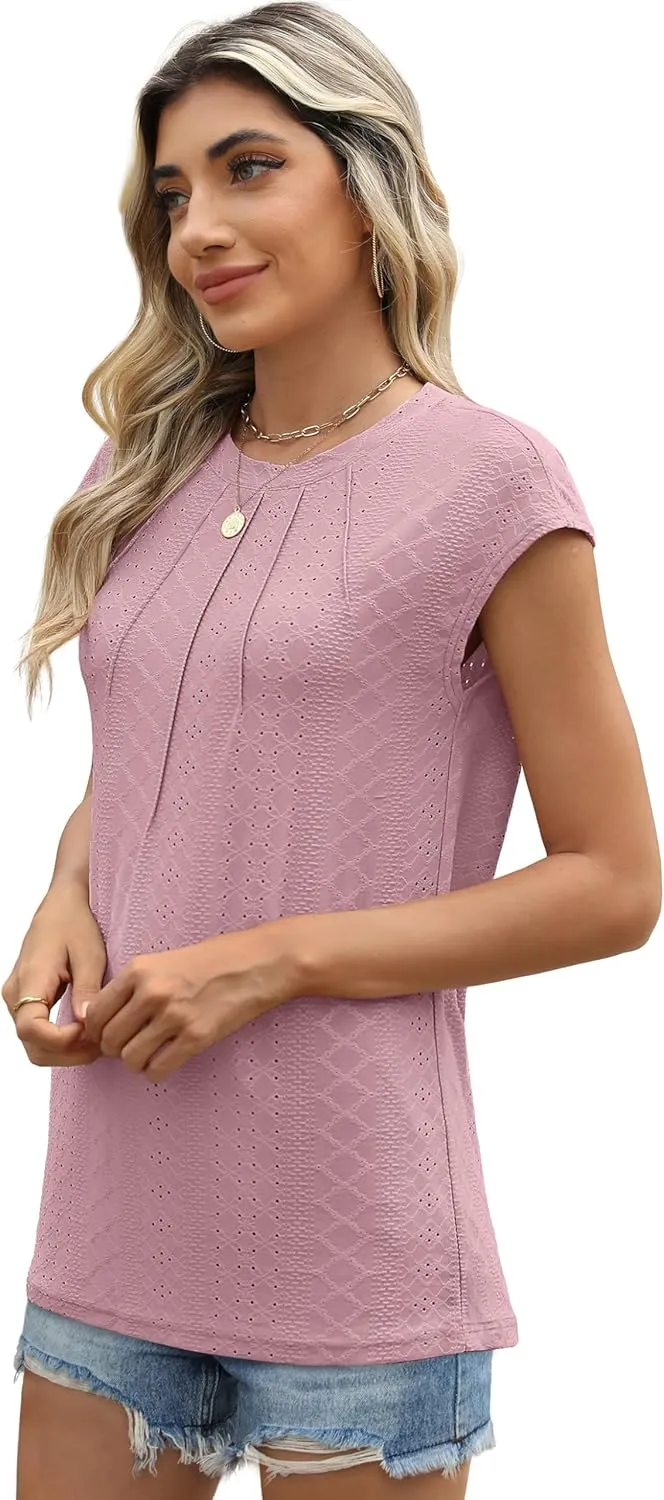 SAMPEEL Womens T Shirts Short Sleeve Pleated Dressy Casual Cap Sleeve Summer Tops Blouses