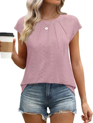 SAMPEEL Womens T Shirts Short Sleeve Pleated Dressy Casual Cap Sleeve Summer Tops Blouses