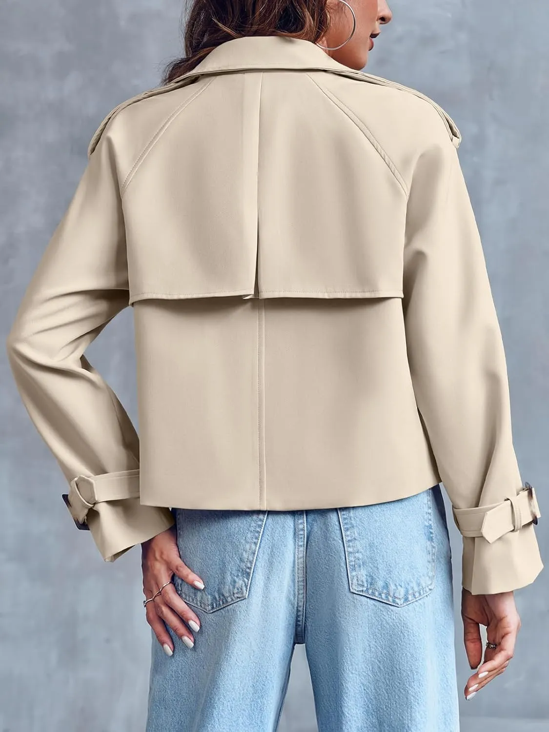 Saodimallsu Women Crop Double Breasted Trench Coat Raglan Sleeve Work Office Cropped Jacket With Pockets