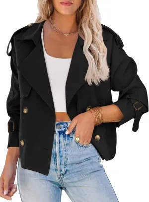 Saodimallsu Women Crop Double Breasted Trench Coat Raglan Sleeve Work Office Cropped Jacket With Pockets
