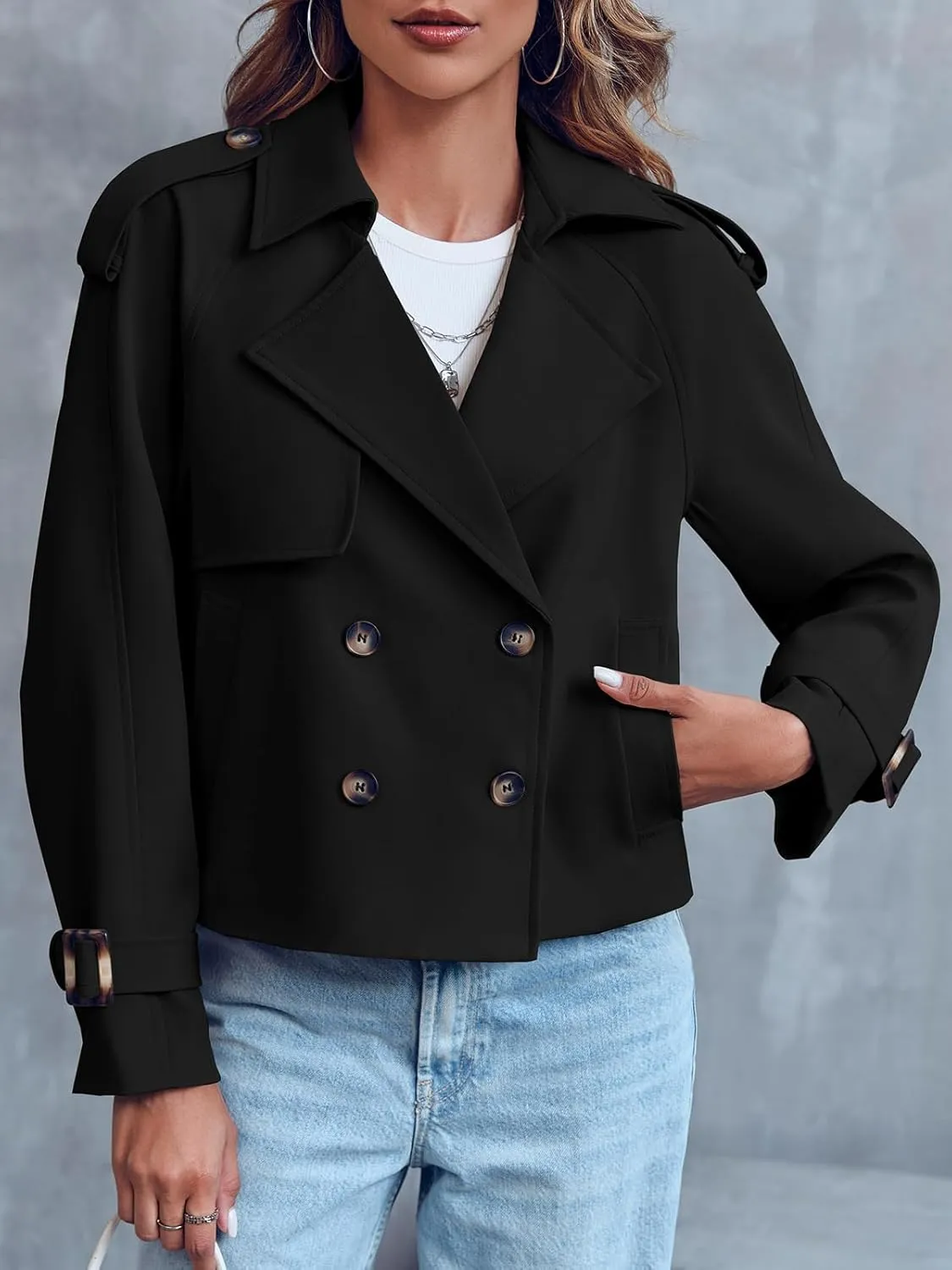 Saodimallsu Women Crop Double Breasted Trench Coat Raglan Sleeve Work Office Cropped Jacket With Pockets