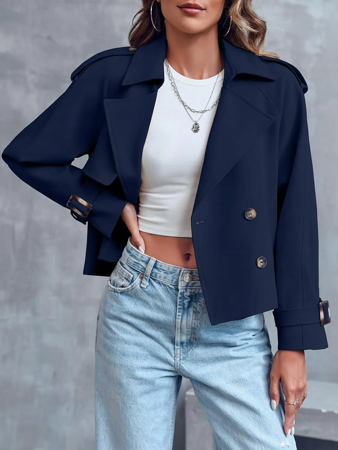 Saodimallsu Women Crop Double Breasted Trench Coat Raglan Sleeve Work Office Cropped Jacket With Pockets