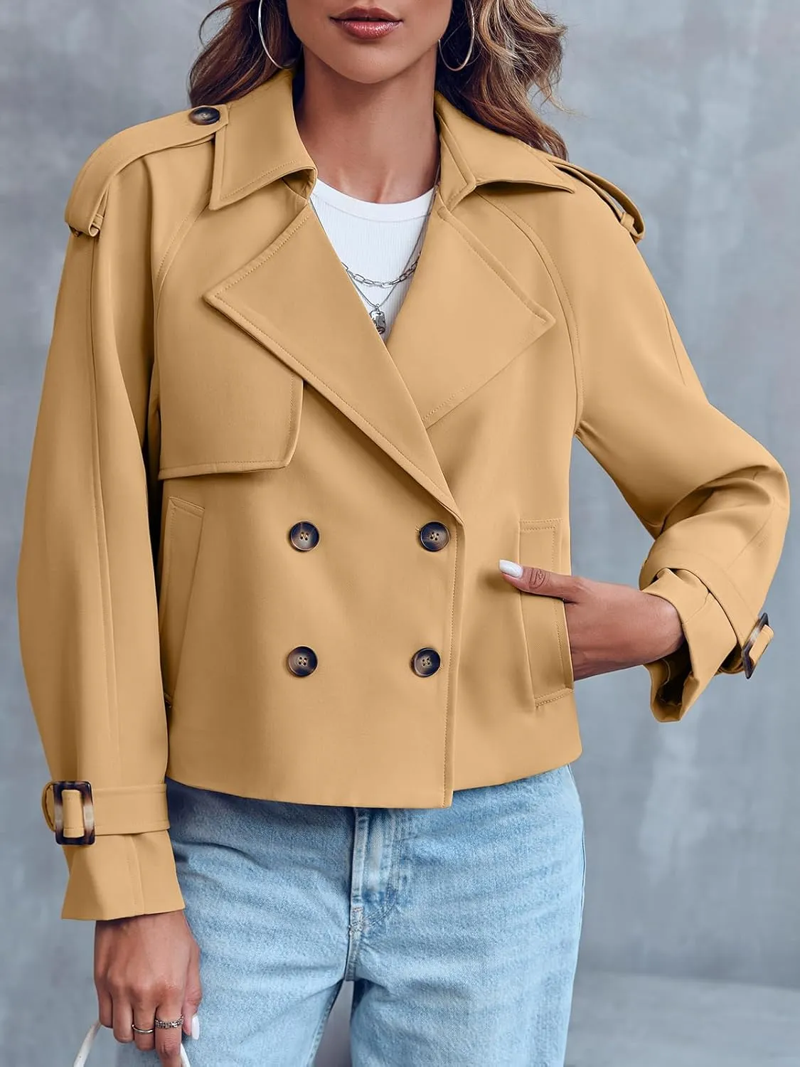 Saodimallsu Women Crop Double Breasted Trench Coat Raglan Sleeve Work Office Cropped Jacket With Pockets