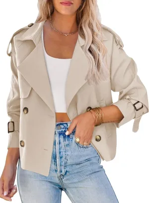 Saodimallsu Women Crop Double Breasted Trench Coat Raglan Sleeve Work Office Cropped Jacket With Pockets