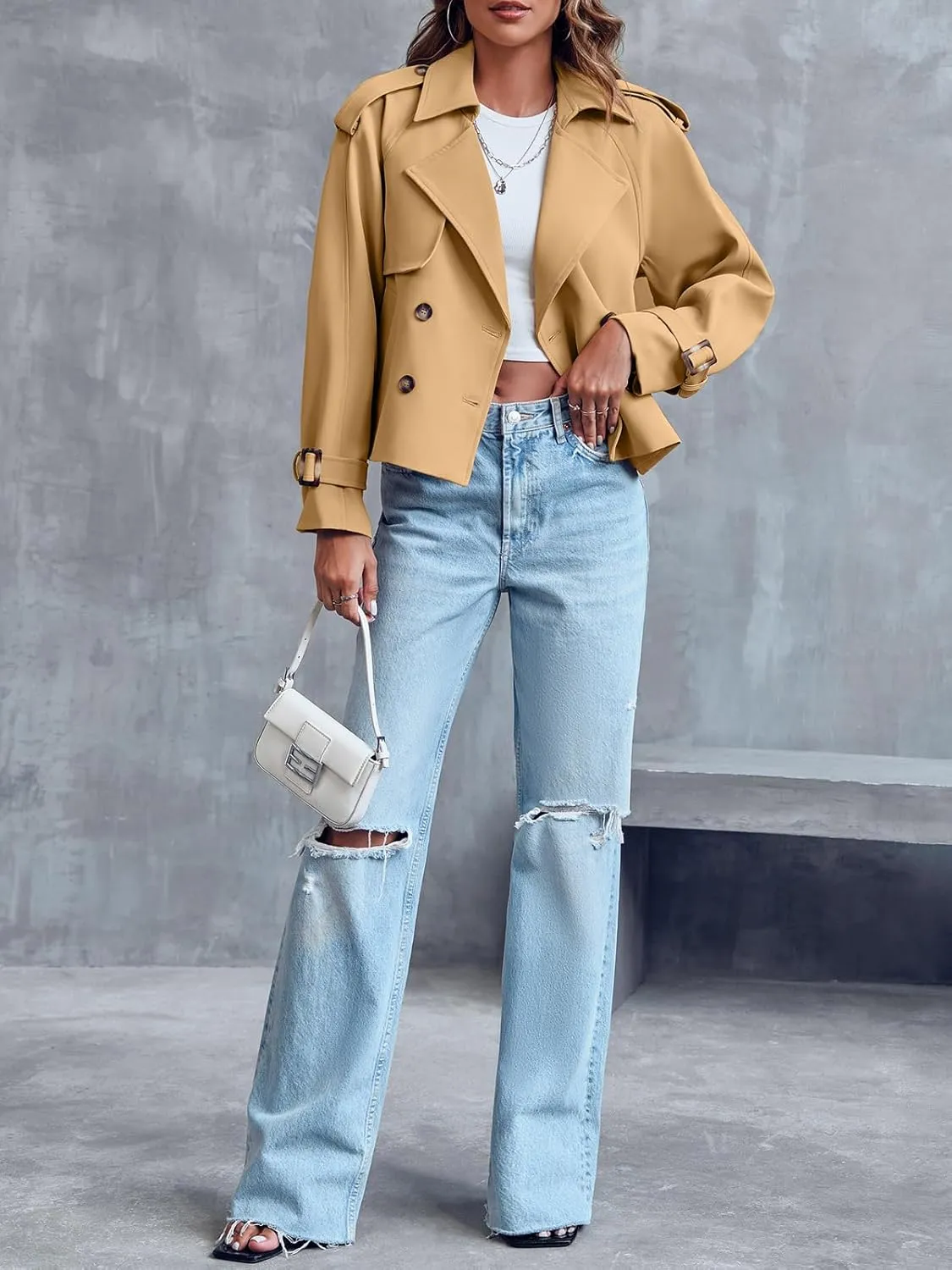 Saodimallsu Women Crop Double Breasted Trench Coat Raglan Sleeve Work Office Cropped Jacket With Pockets