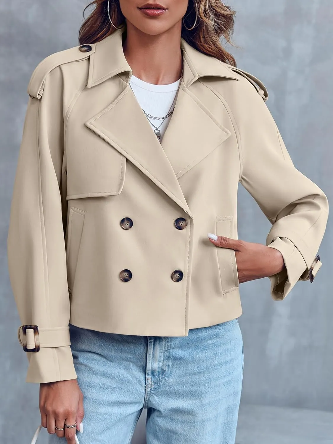 Saodimallsu Women Crop Double Breasted Trench Coat Raglan Sleeve Work Office Cropped Jacket With Pockets