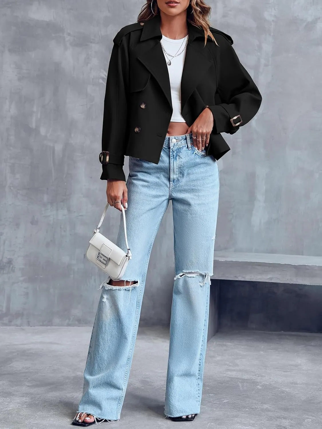 Saodimallsu Women Crop Double Breasted Trench Coat Raglan Sleeve Work Office Cropped Jacket With Pockets